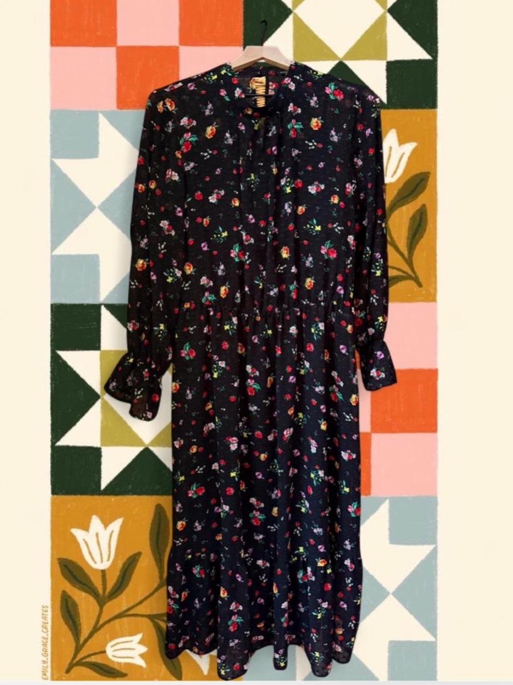 Banana Republic Black Floral Long-Sleeve Midi Dress